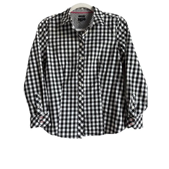 Talbots Non Iron Black White Gingham Plaid Button Down Blouse Shirt Size 6P - Picture 1 of 11